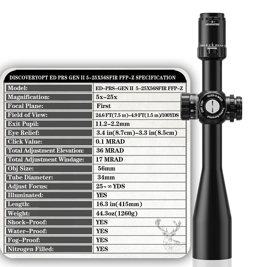 DiscoveryOpt ED-PRS GEN-Ⅱ 5-25X56 SFIR FFP-MRAD RifleScope 34mm Tube