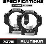 34MM Premium 7075 Precision Scope Rings Pre-Lapped with Index Pins