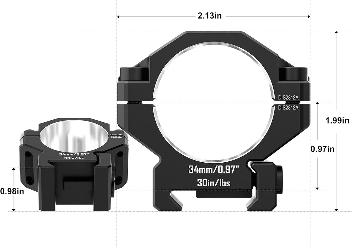 34MM Premium 7075 Precision Scope Rings Pre-Lapped with Index Pins