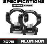 34MM Premium 7075 Precision Scope Rings Pre-Lapped with Index Pins